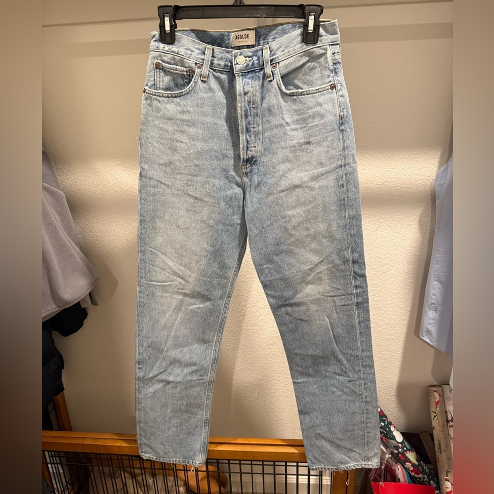 Agolde 90s pinch waist high rise, mild distressing. Full length.